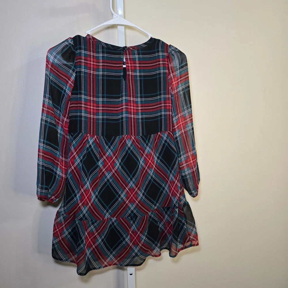 Draper James Girls Red Black Plaid Tiered Long Sleeve Holiday Dress Size S